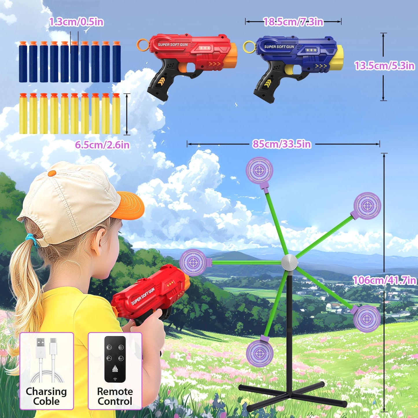 fygurso 2-Player Shooting Game Toy – Pink Foam Dart Guns with Auto-Reset Rotating Target | Ages 6+