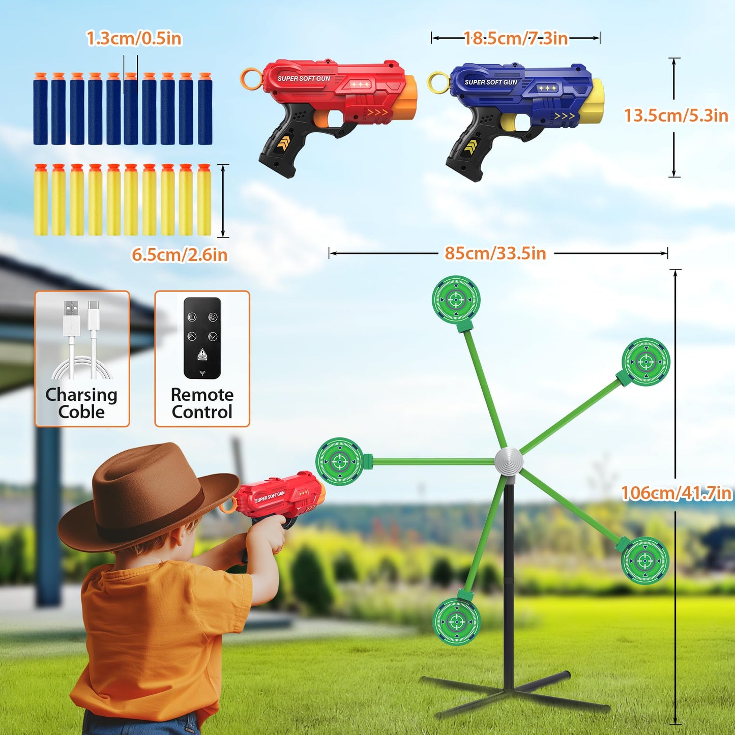fygurso 2-Player Foam Dart Shooting Game Toy with Auto Reset Rotating Target – Green
