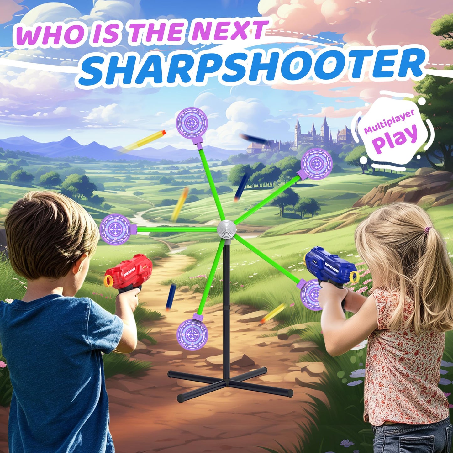 fygurso 2-Player Shooting Game Toy – Pink Foam Dart Guns with Auto-Reset Rotating Target | Ages 6+