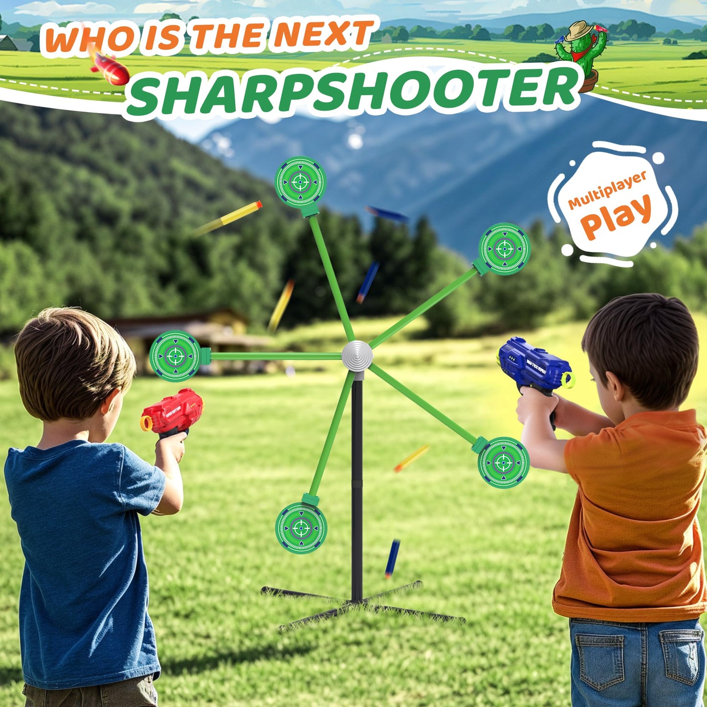 fygurso 2-Player Foam Dart Shooting Game Toy with Auto Reset Rotating Target – Green