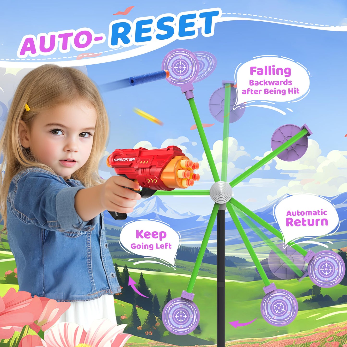 fygurso 2-Player Shooting Game Toy – Pink Foam Dart Guns with Auto-Reset Rotating Target | Ages 6+