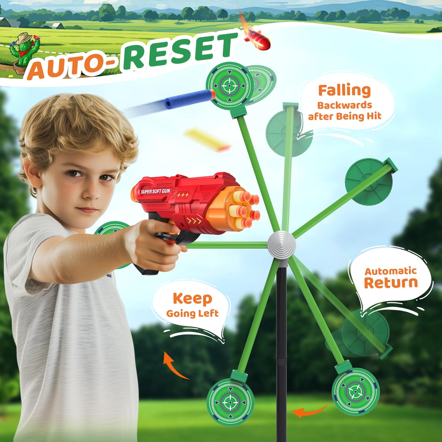 fygurso 2-Player Foam Dart Shooting Game Toy with Auto Reset Rotating Target – Green