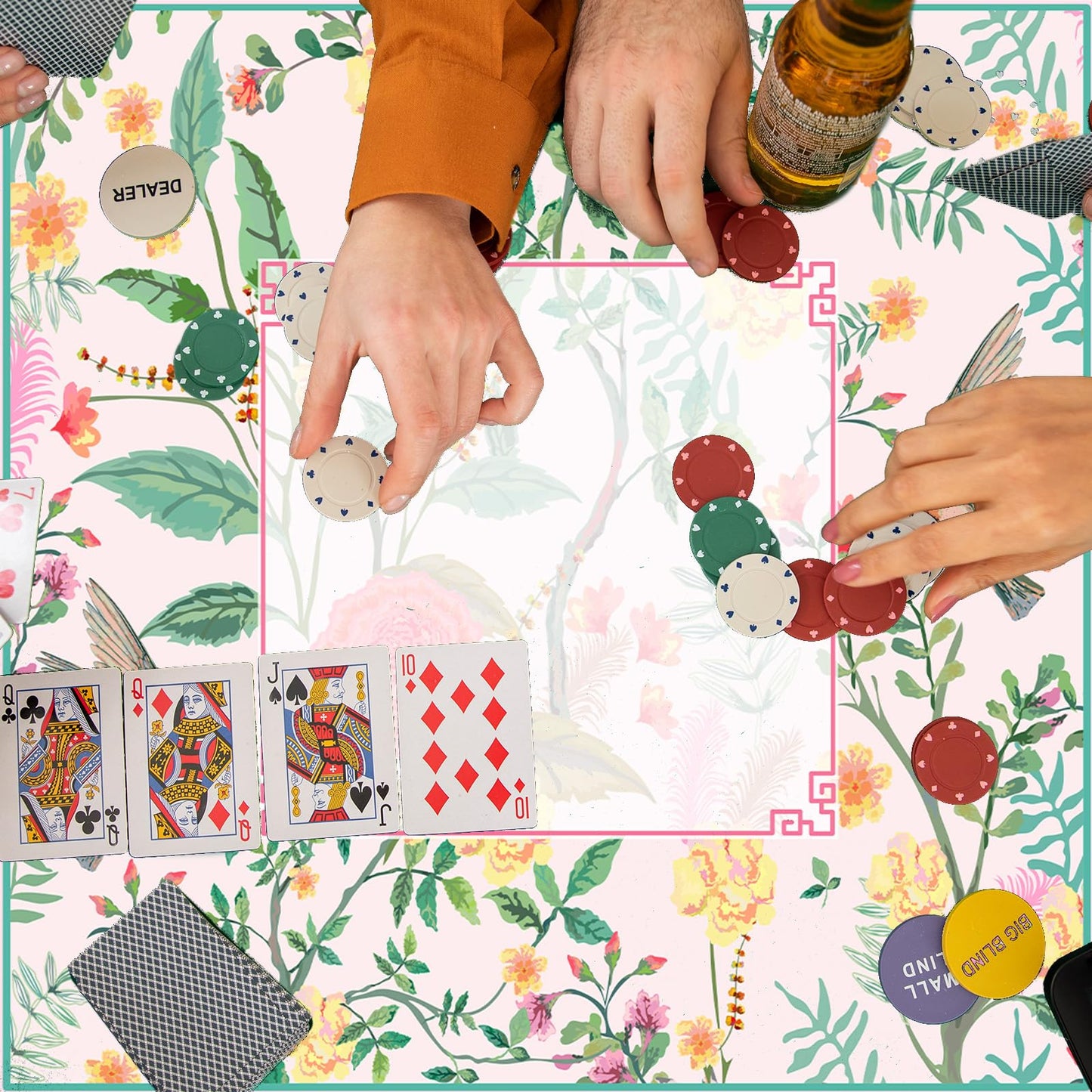 FYSUIMU Pink Bird Floral Mahjong Mat 31.5 x 31.5 in | Non-Slip Table Cover with Carry Bag