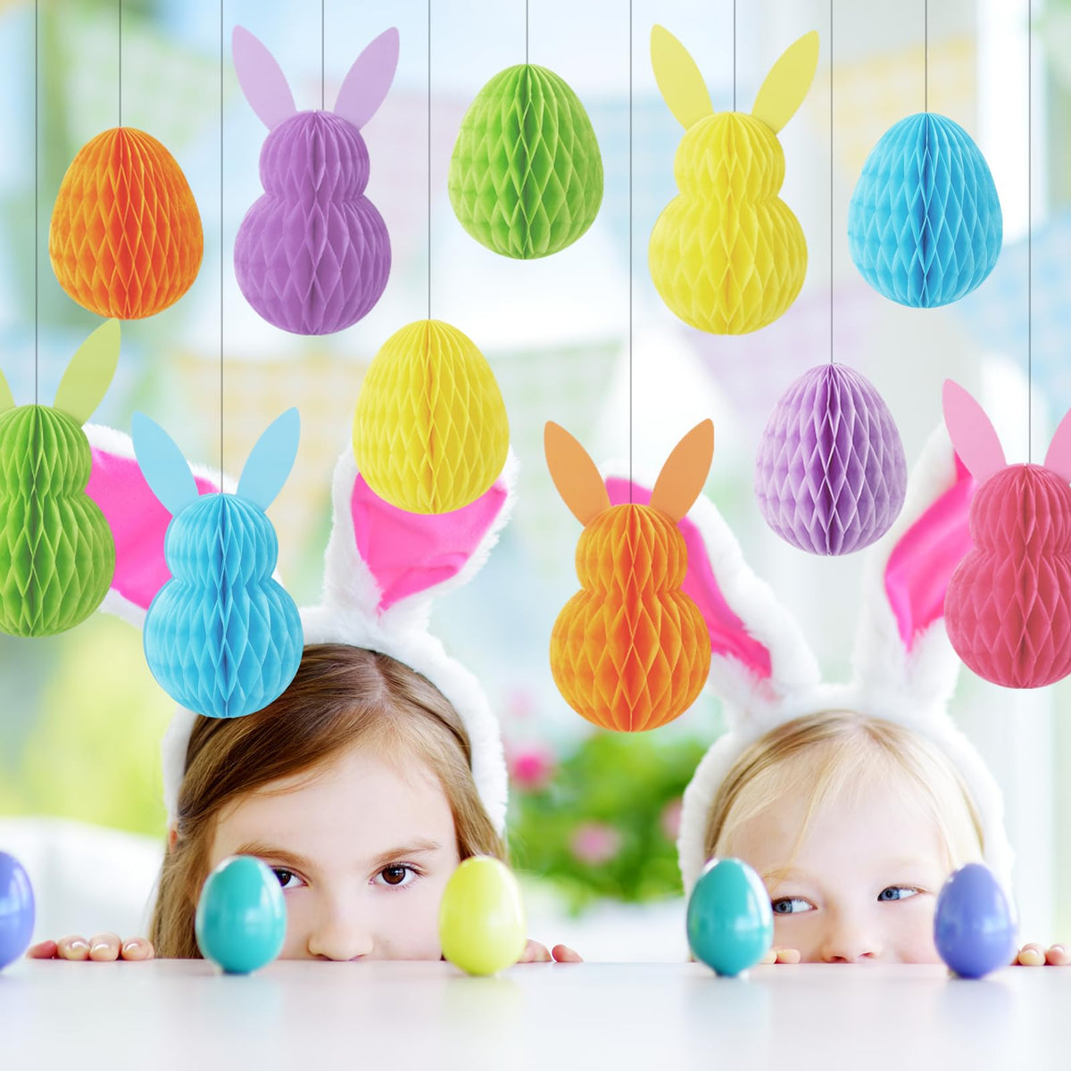 FYSUIMU 12Pcs Easter Honeycomb Hanging Decorations – Pastel Bunny & Egg Centerpieces for Spring