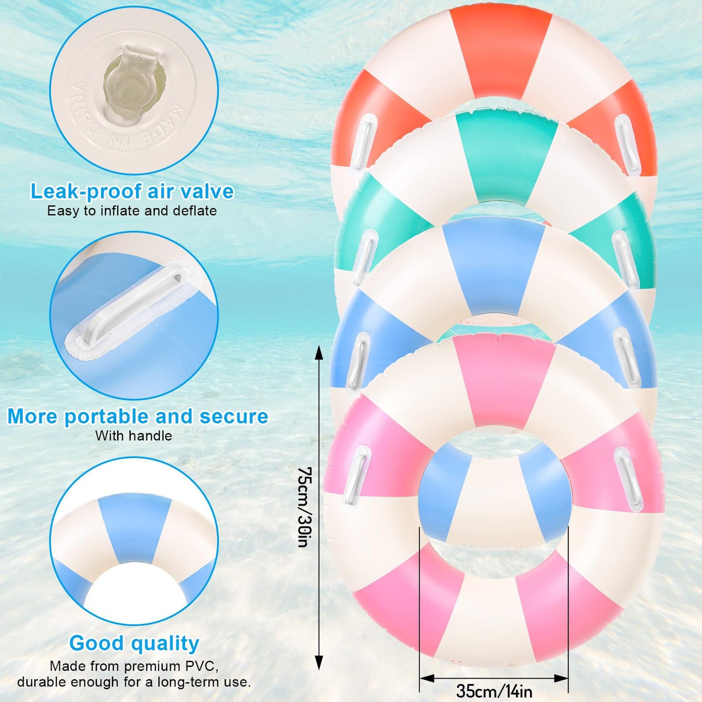 FYSUIMU 4Pcs Inflatable Pool Floats with Handle – Classic Striped 30x14in (4 Colors)