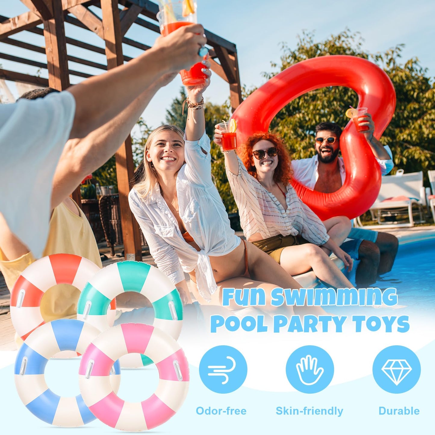 FYSUIMU 4Pcs Inflatable Pool Floats with Handle – Classic Striped 30x14in (4 Colors)