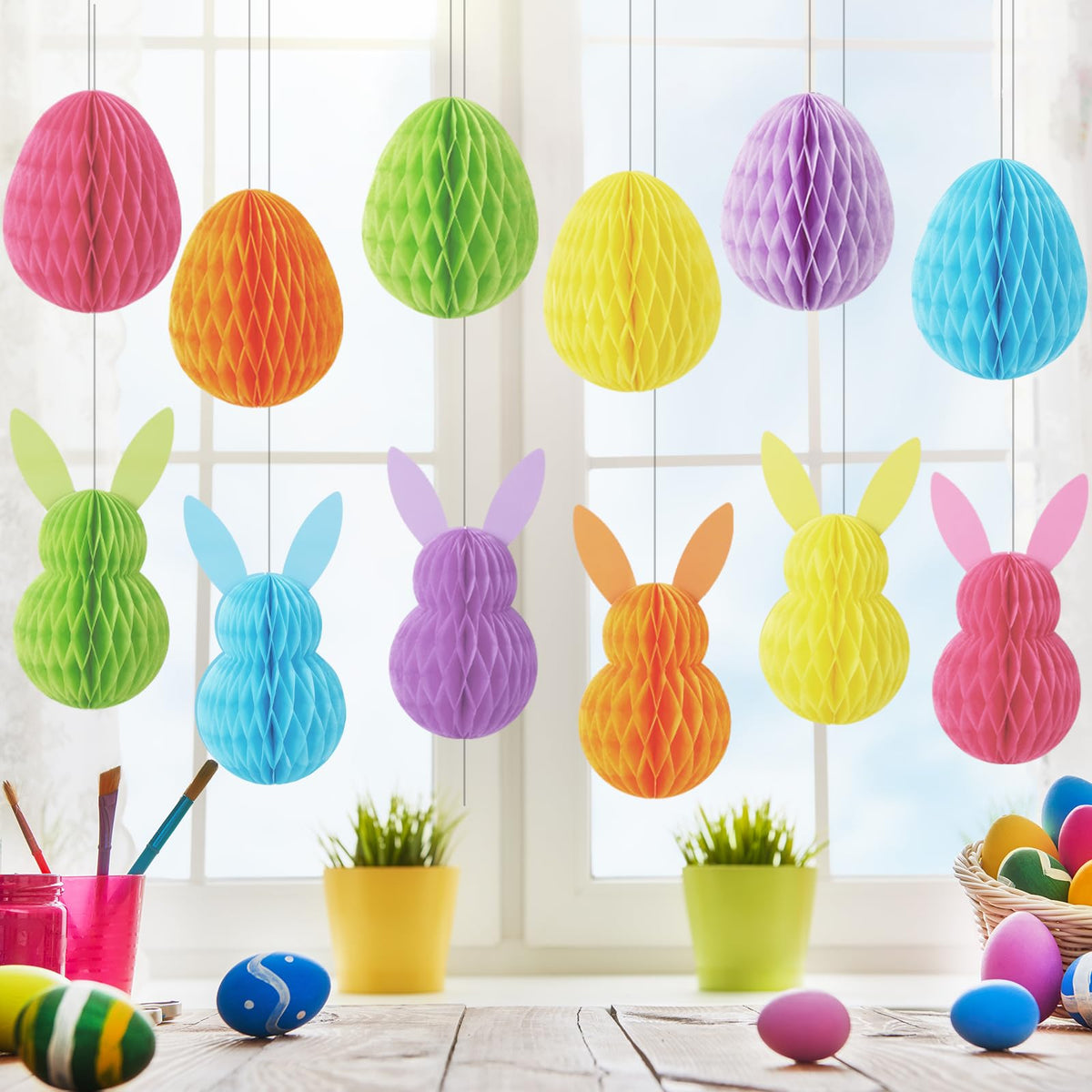 FYSUIMU 12Pcs Easter Honeycomb Hanging Decorations – Pastel Bunny & Egg Centerpieces for Spring