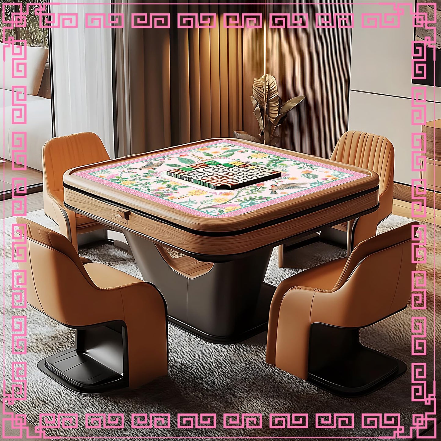 FYSUIMU Pink Bird Floral Mahjong Mat 31.5 x 31.5 in | Non-Slip Table Cover with Carry Bag