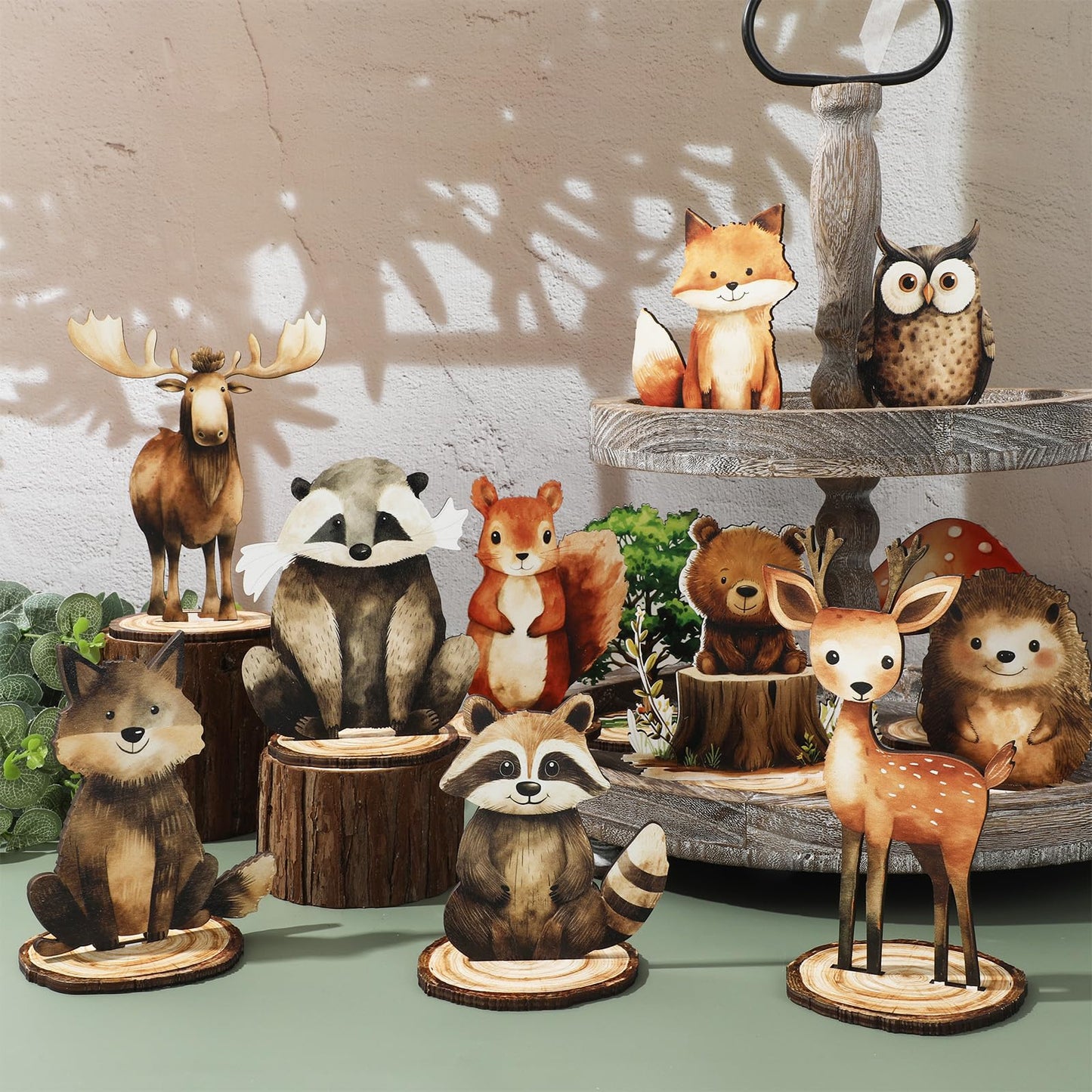 FYSUIMU 12Pcs Forest Animal Wood Table Signs with Base – Farmhouse Tiered Tray Decor