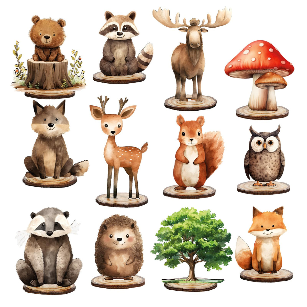FYSUIMU 12Pcs Forest Animal Wood Table Signs with Base – Farmhouse Tiered Tray Decor