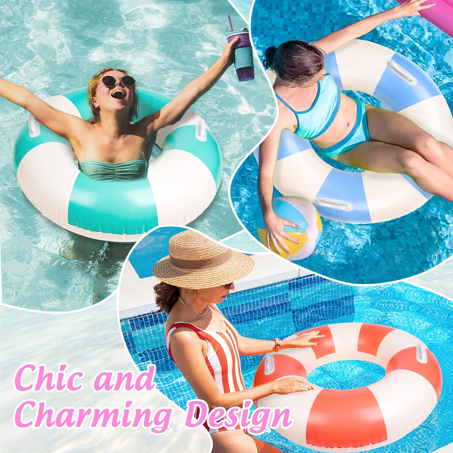 FYSUIMU 4Pcs Inflatable Pool Floats with Handle – Classic Striped 30x14in (4 Colors)