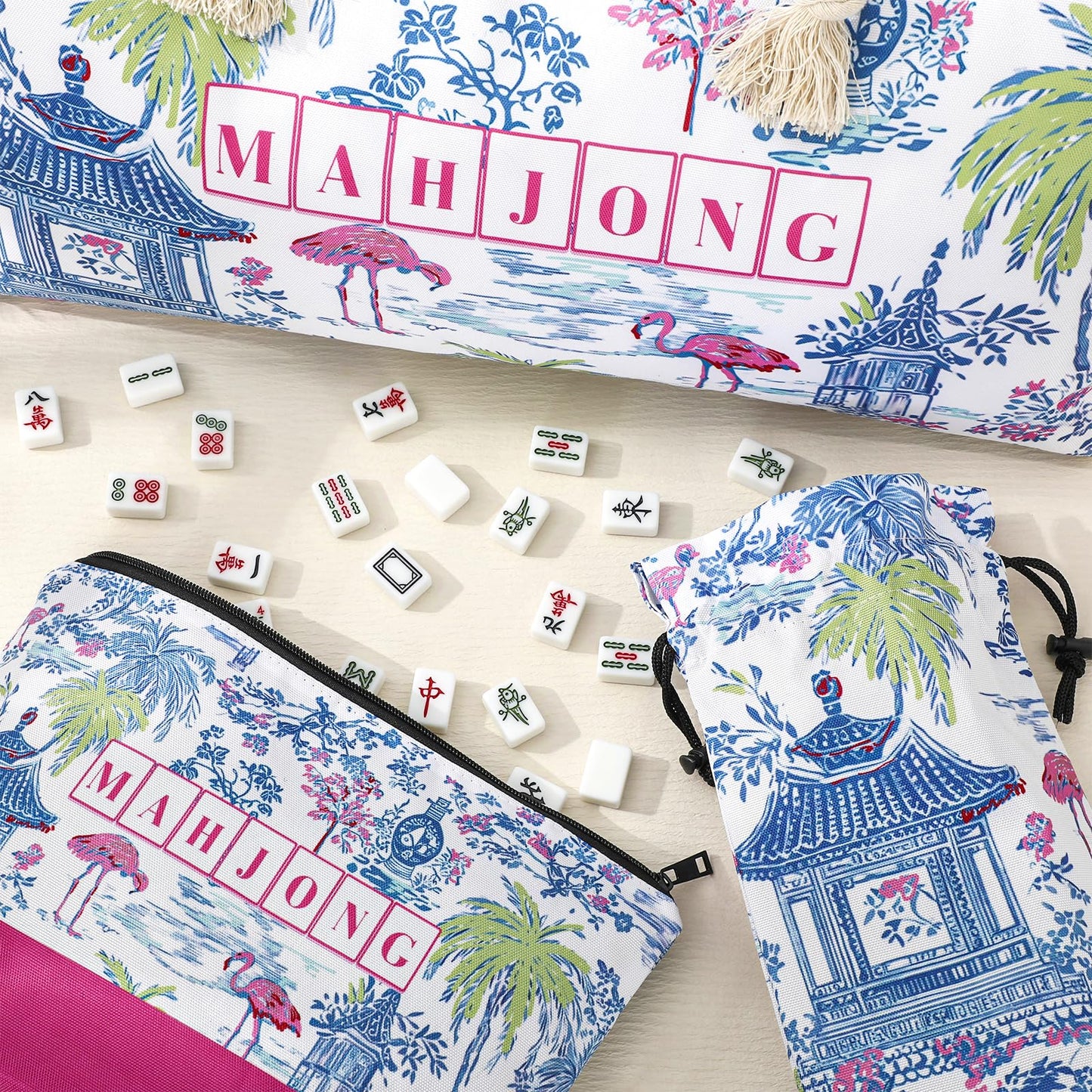 FYSUIMU Pavilion Mahjong Bag Set – Flamingo Coconut Trees Carry Bags with Handle