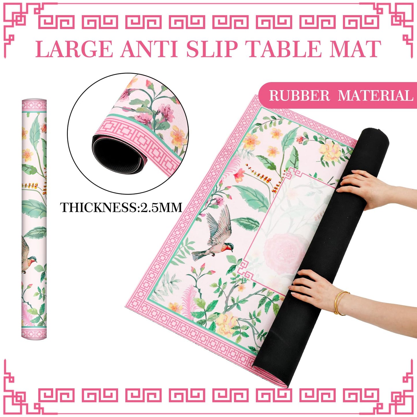 FYSUIMU Pink Bird Floral Mahjong Mat 31.5 x 31.5 in | Non-Slip Table Cover with Carry Bag