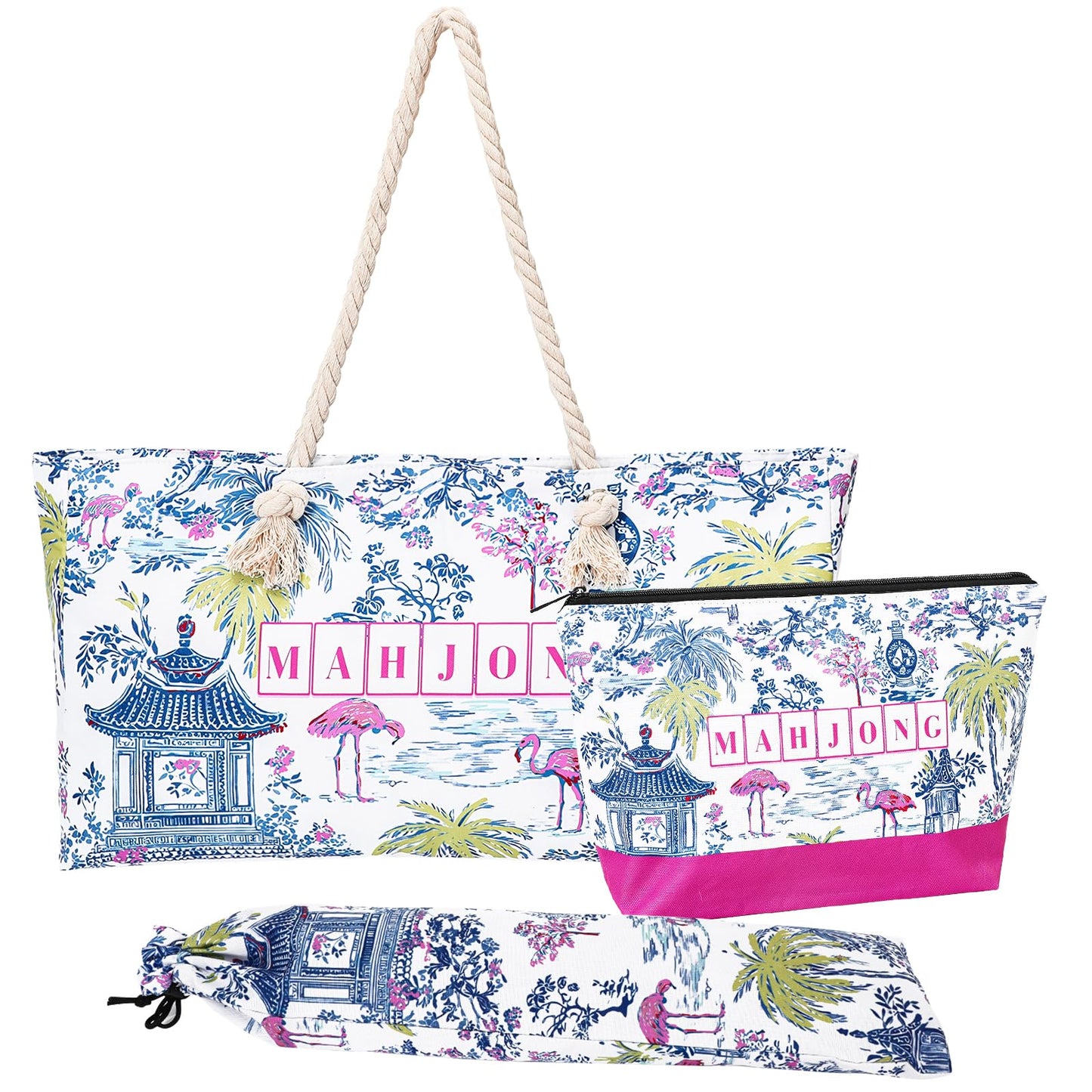 FYSUIMU Pavilion Mahjong Bag Set – Flamingo Coconut Trees Carry Bags with Handle