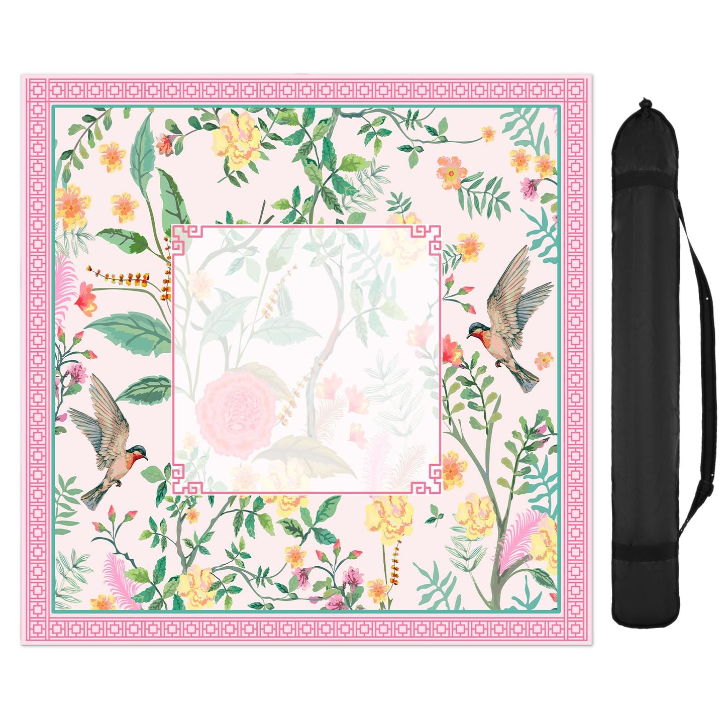FYSUIMU Pink Bird Floral Mahjong Mat 31.5 x 31.5 in | Non-Slip Table Cover with Carry Bag