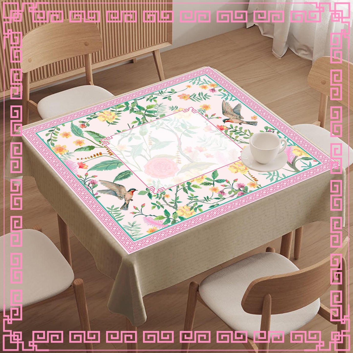 FYSUIMU Pink Bird Floral Mahjong Mat 31.5 x 31.5 in | Non-Slip Table Cover with Carry Bag