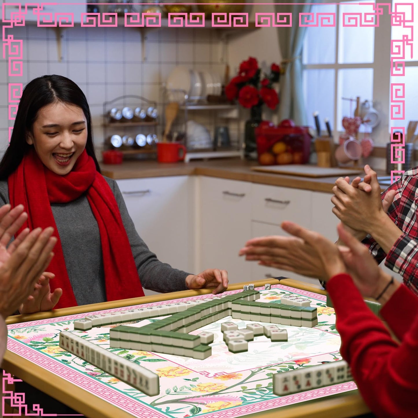 FYSUIMU Pink Bird Floral Mahjong Mat 31.5 x 31.5 in | Non-Slip Table Cover with Carry Bag