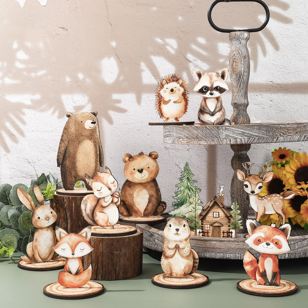 FYSUIMU 12Pcs Woodland Animal Wooden Table Signs – Rustic Tiered Tray Centerpiece Decor