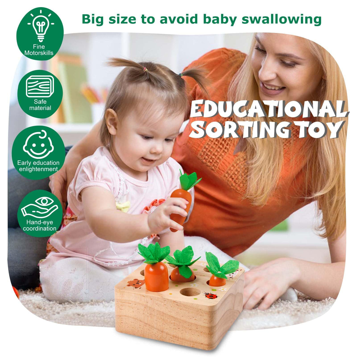 FZHZZ Montessori Wooden Carrot Harvest Game – Shape Sorting Toy for 6–18 Months