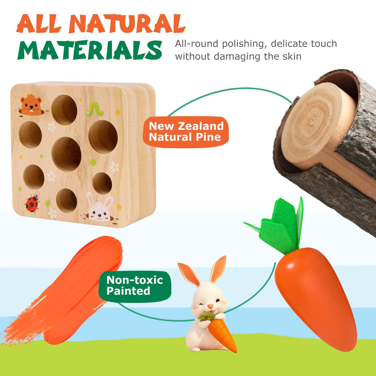 FZHZZ Montessori Wooden Carrot Harvest Game – Shape Sorting Toy for 6–18 Months