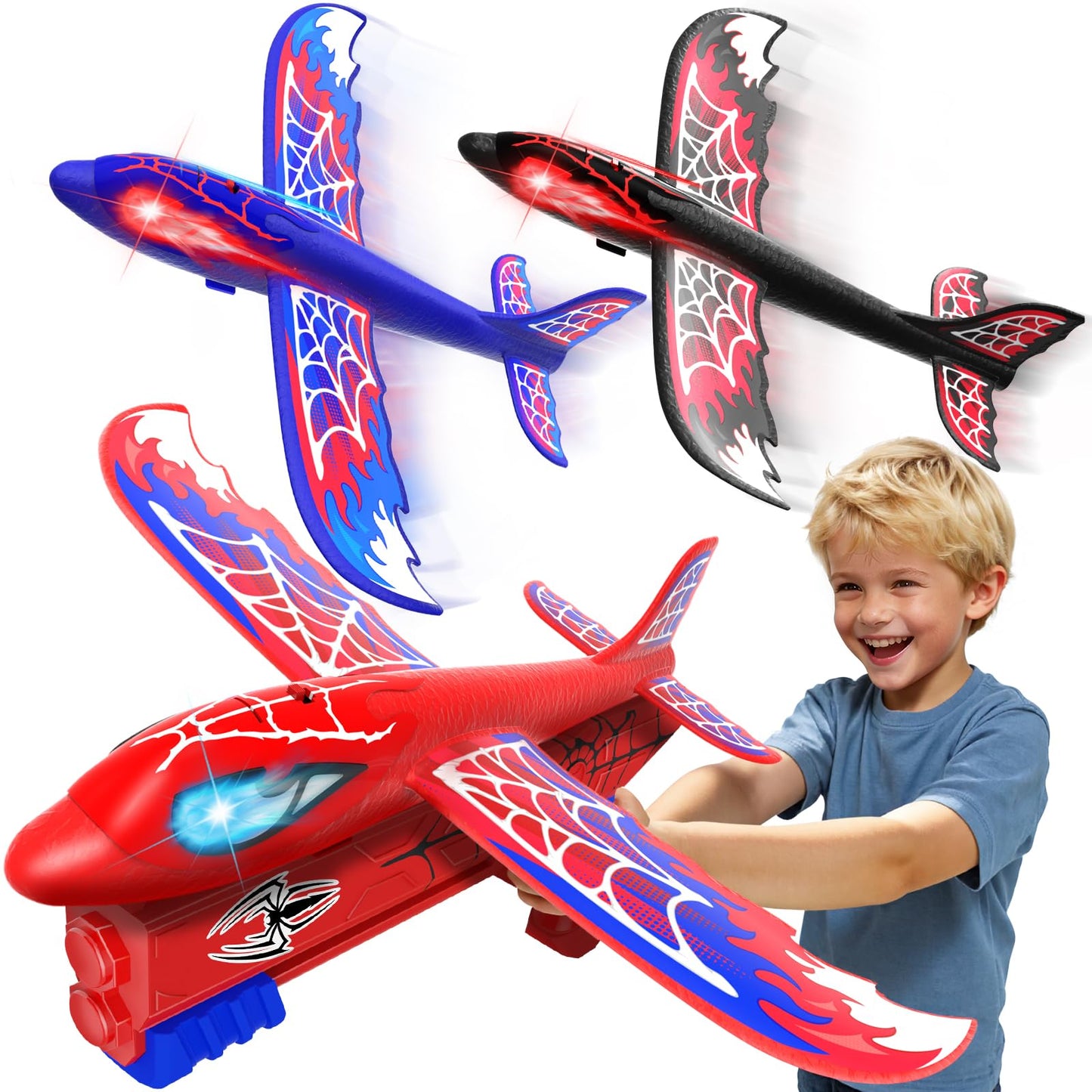 Fzlirou 3 Pack Airplane Launcher Toy with Glowing Eyes & Web-Winged Foam Planes – Dual Flight Modes for Outdoor Fun (Ages 3–12)