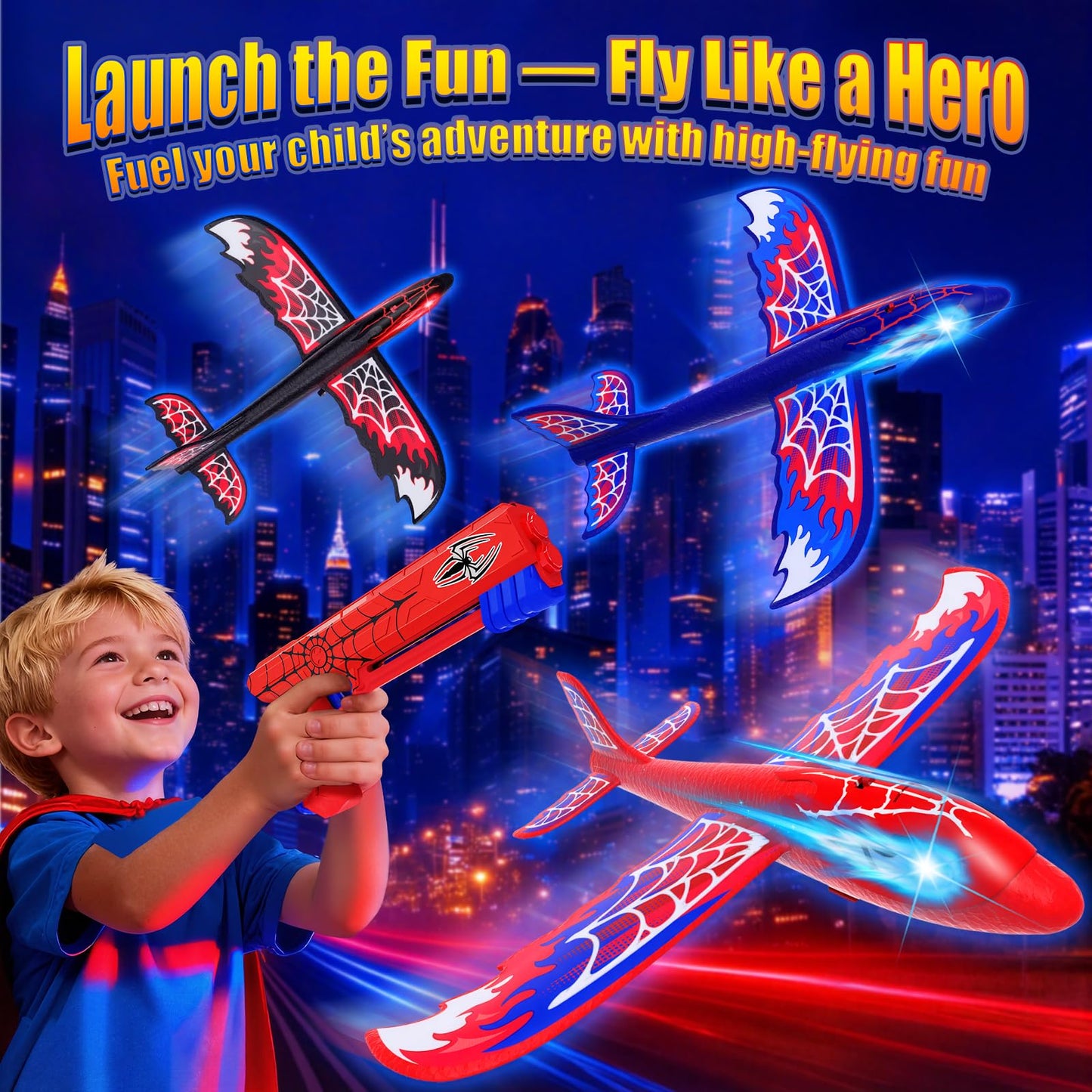 Fzlirou 3 Pack Airplane Launcher Toy with Glowing Eyes & Web-Winged Foam Planes – Dual Flight Modes for Outdoor Fun (Ages 3–12)