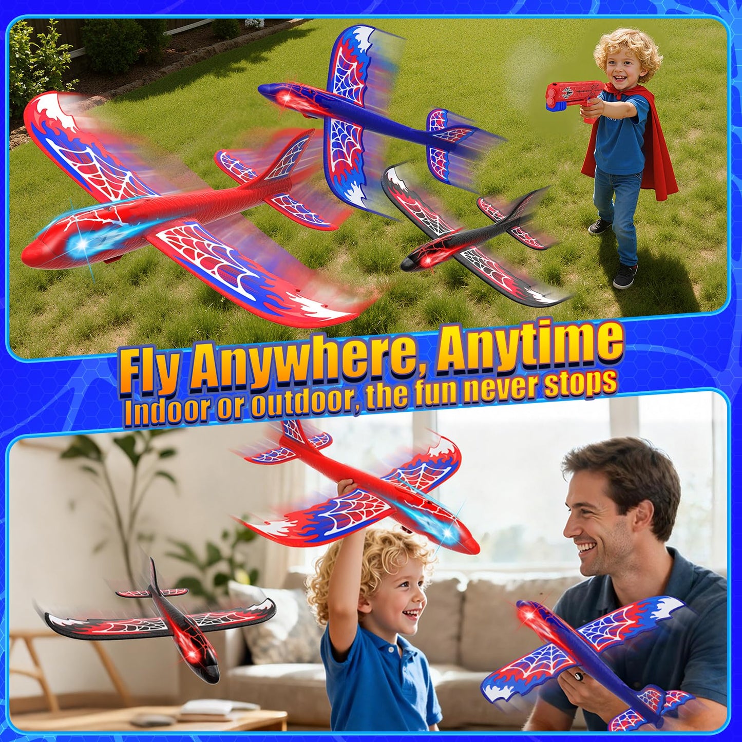 Fzlirou 3 Pack Airplane Launcher Toy with Glowing Eyes & Web-Winged Foam Planes – Dual Flight Modes for Outdoor Fun (Ages 3–12)