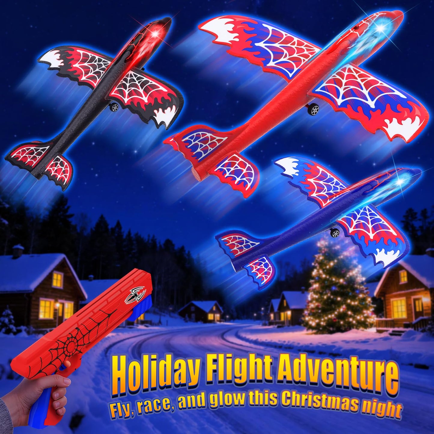 Fzlirou 3 Pack Airplane Launcher Toy with Glowing Eyes & Web-Winged Foam Planes – Dual Flight Modes for Outdoor Fun (Ages 3–12)