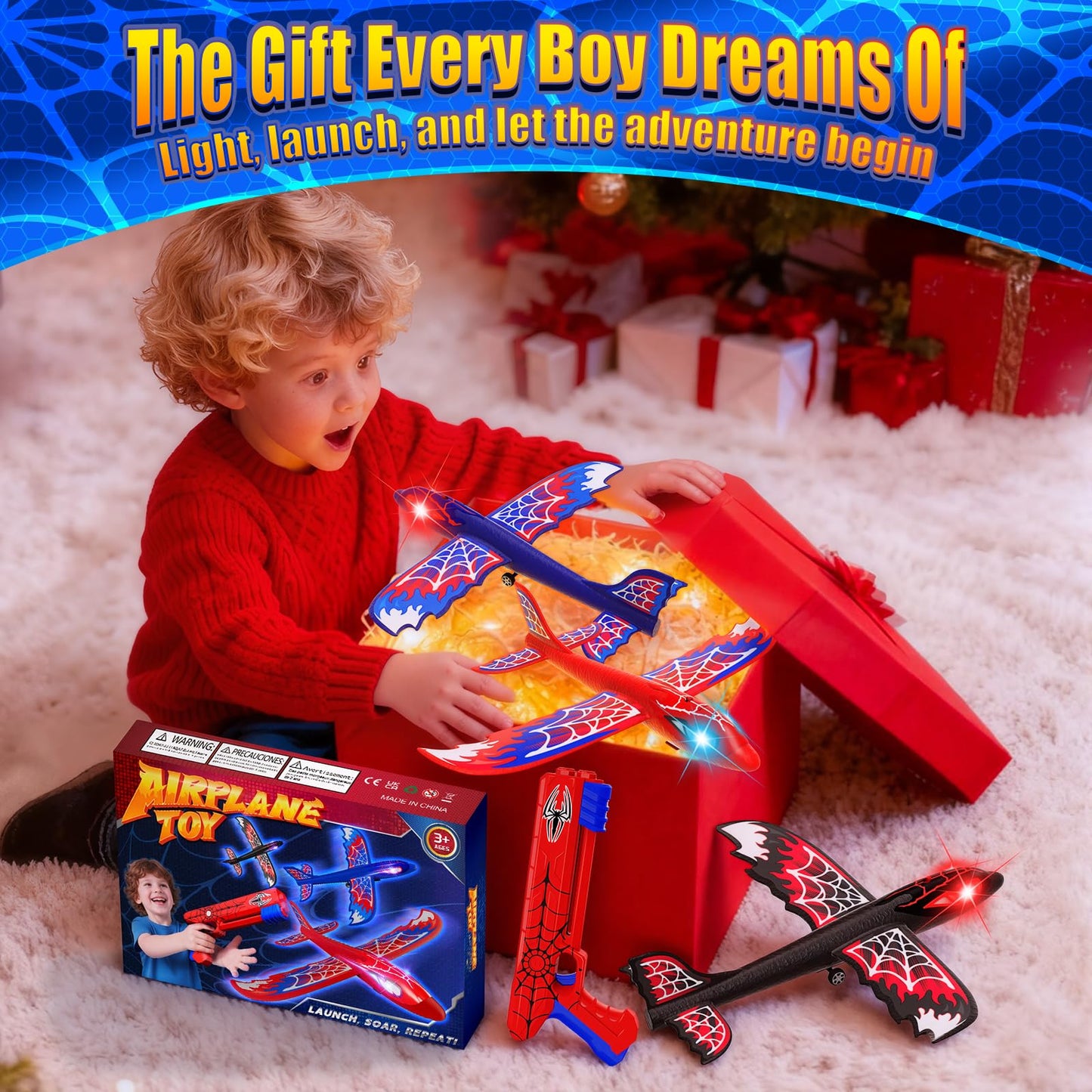 Fzlirou 3 Pack Airplane Launcher Toy with Glowing Eyes & Web-Winged Foam Planes – Dual Flight Modes for Outdoor Fun (Ages 3–12)