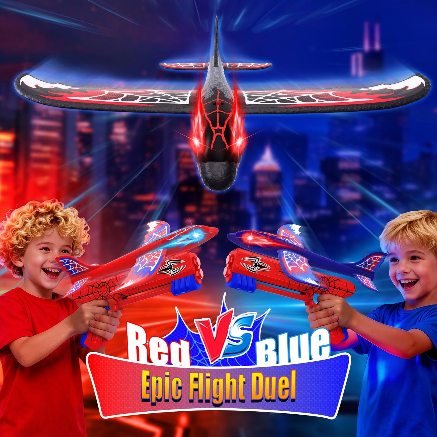 Fzlirou 3 Pack Airplane Launcher Toy with Glowing Eyes & Web-Winged Foam Planes – Dual Flight Modes for Outdoor Fun (Ages 3–12)