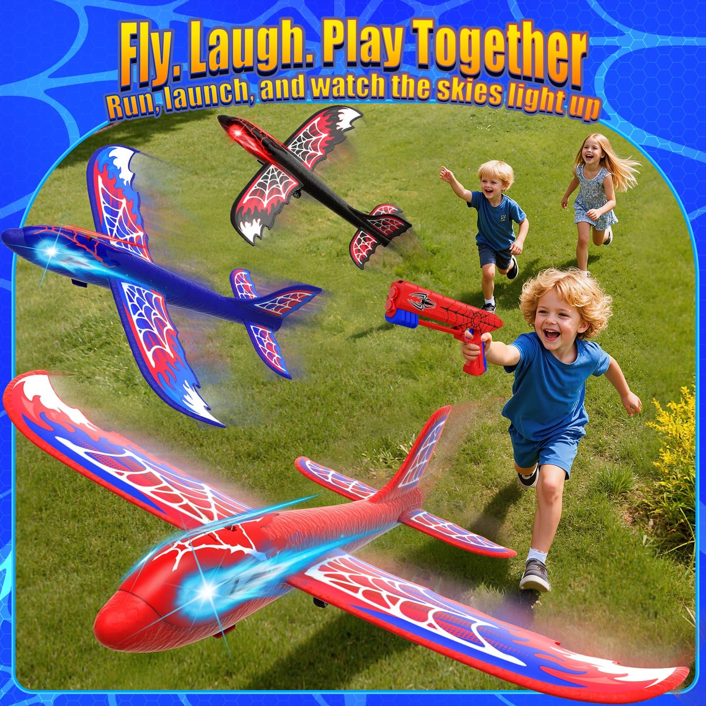 Fzlirou 3 Pack Airplane Launcher Toy with Glowing Eyes & Web-Winged Foam Planes – Dual Flight Modes for Outdoor Fun (Ages 3–12)