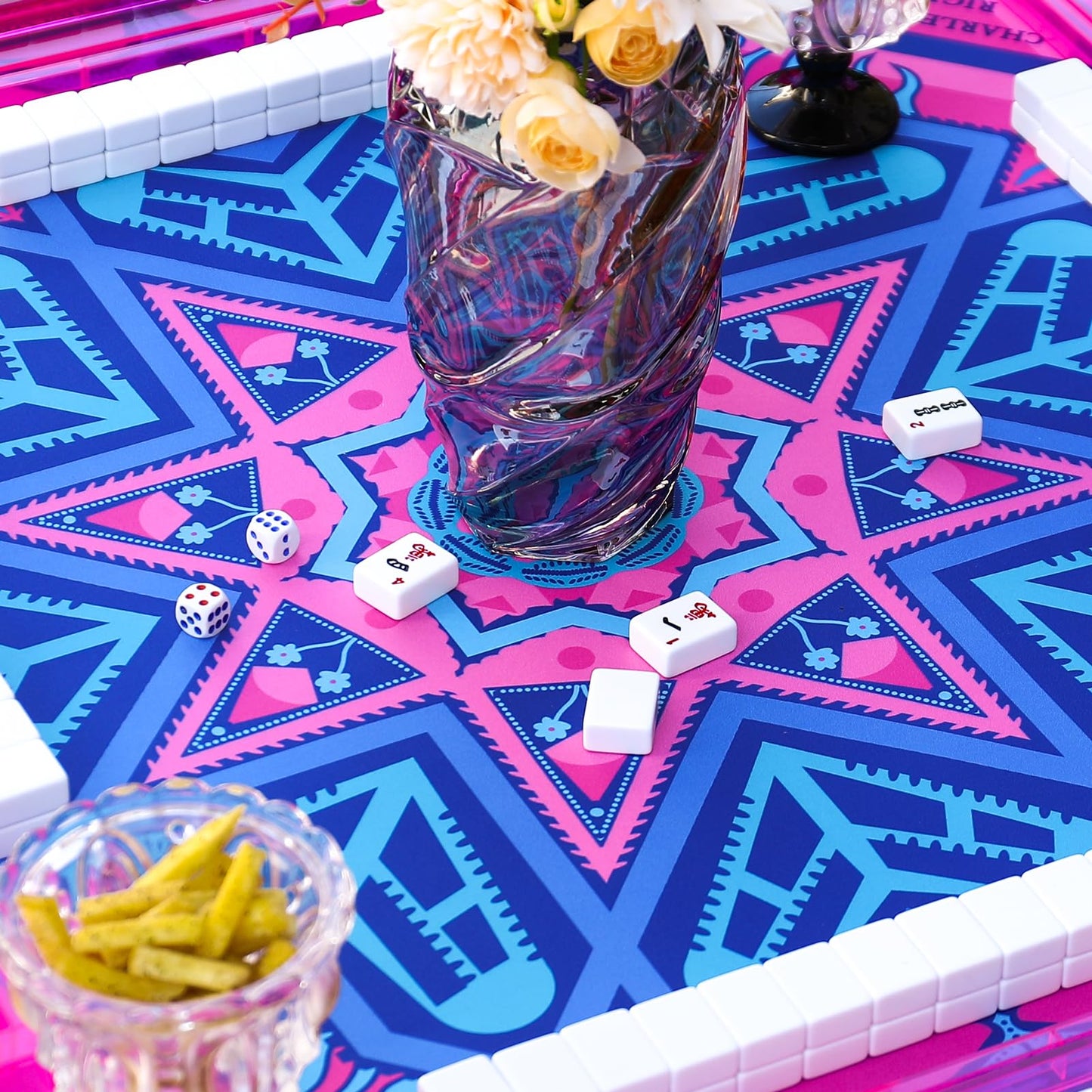 g00d4u Neoprene Mahjong Mat 33x33 – No Creases, Anti-Slip, Learning Surface (Pink/Blue)