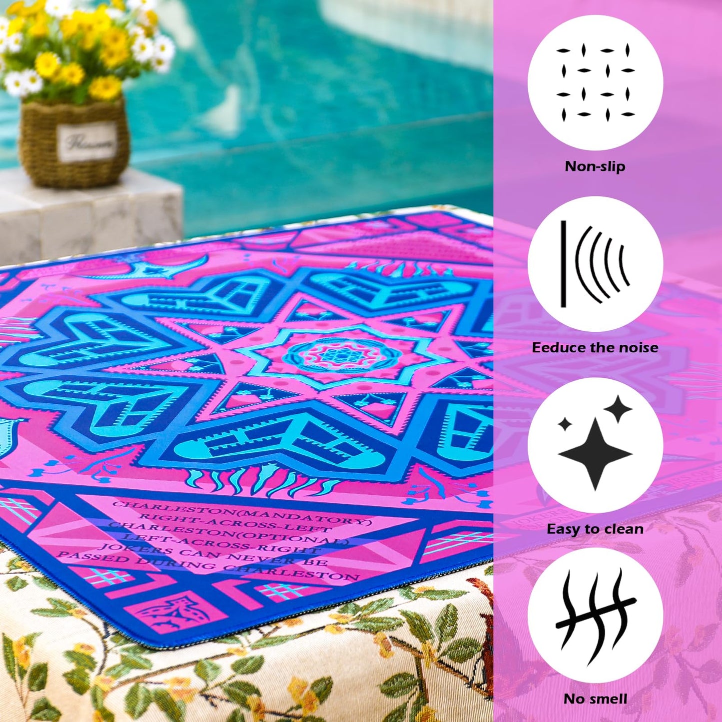 g00d4u Neoprene Mahjong Mat 33x33 – No Creases, Anti-Slip, Learning Surface (Pink/Blue)