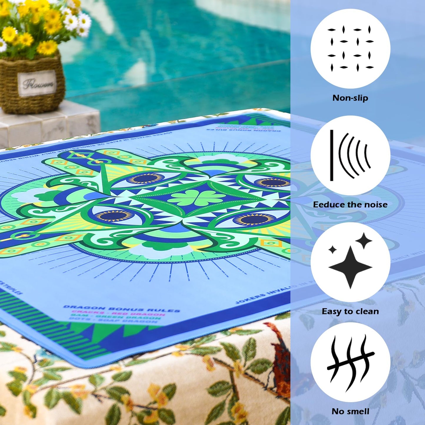 g00d4u Neoprene Mahjong Mat with Rules – 33x33, No Creases, Anti-Slip, Noise Reduction (Lucky Light Blue)