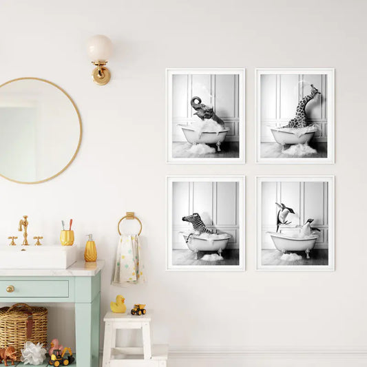 Modern Animal Bathroom Poster – Black & White Canvas Wall Art Print