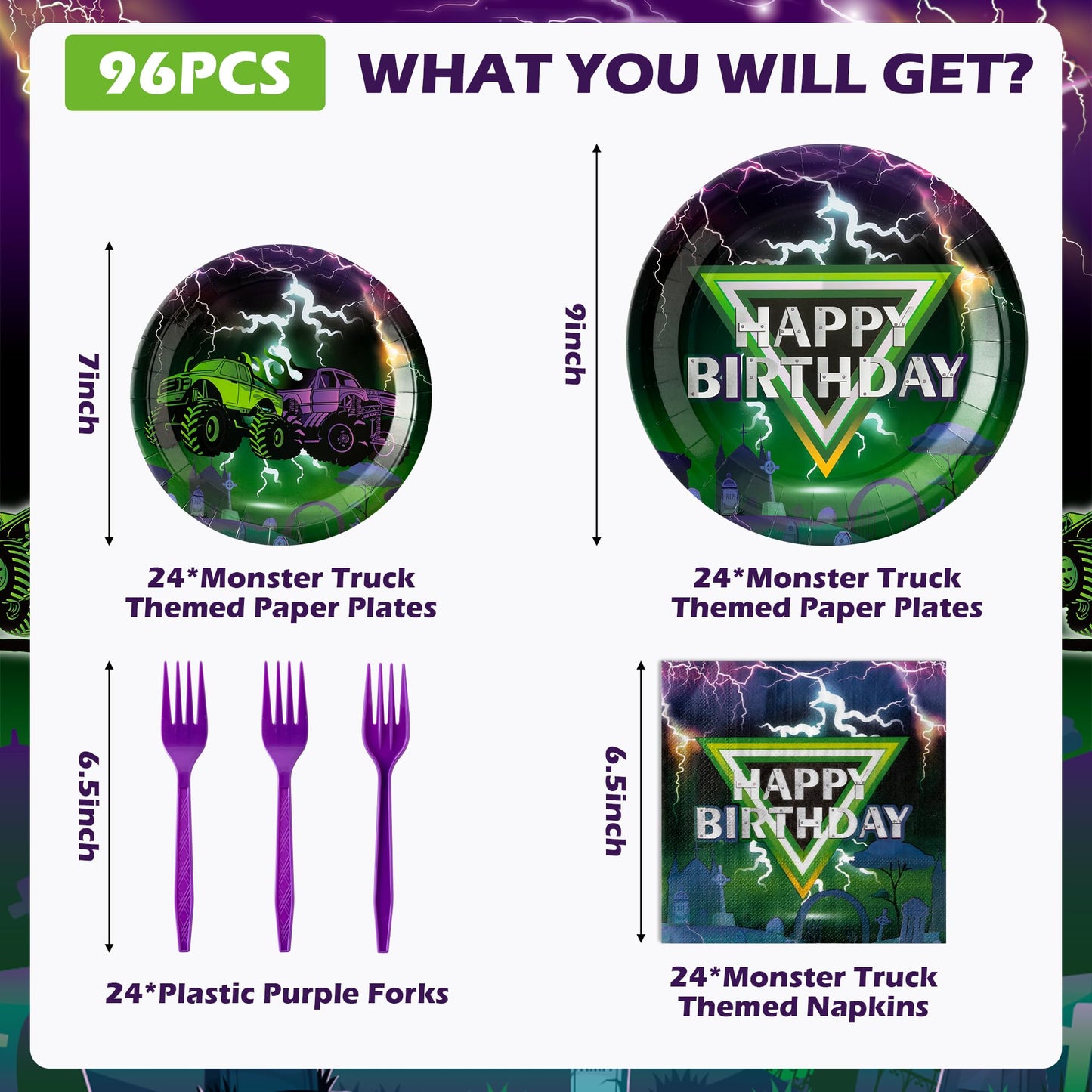G1ngtar Monster Truck Party Supplies – 96pc Plates, Napkins & Forks (Serves 24)