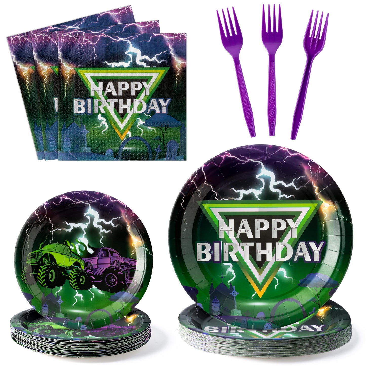 G1ngtar Monster Truck Party Supplies – 96pc Plates, Napkins & Forks (Serves 24)