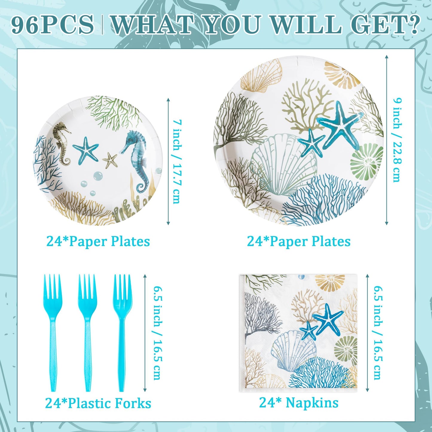 G1ngtar Ocean Seashell Party Plates & Napkins Set – 96-Piece, Serves 24