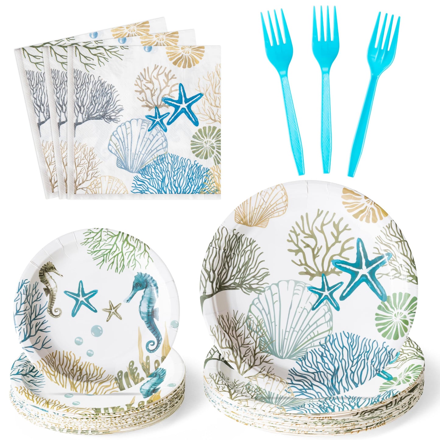 G1ngtar Ocean Seashell Party Plates & Napkins Set – 96-Piece, Serves 24