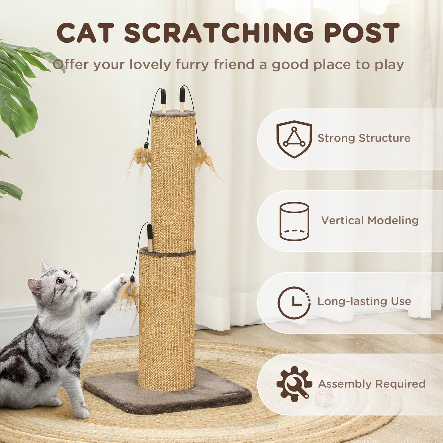 PawHut 78cm Tall Cat Scratching Post with 3 Toy Feathers