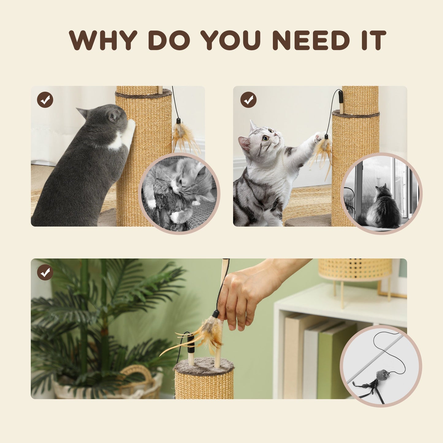 PawHut 78cm Tall Cat Scratching Post with 3 Toy Feathers
