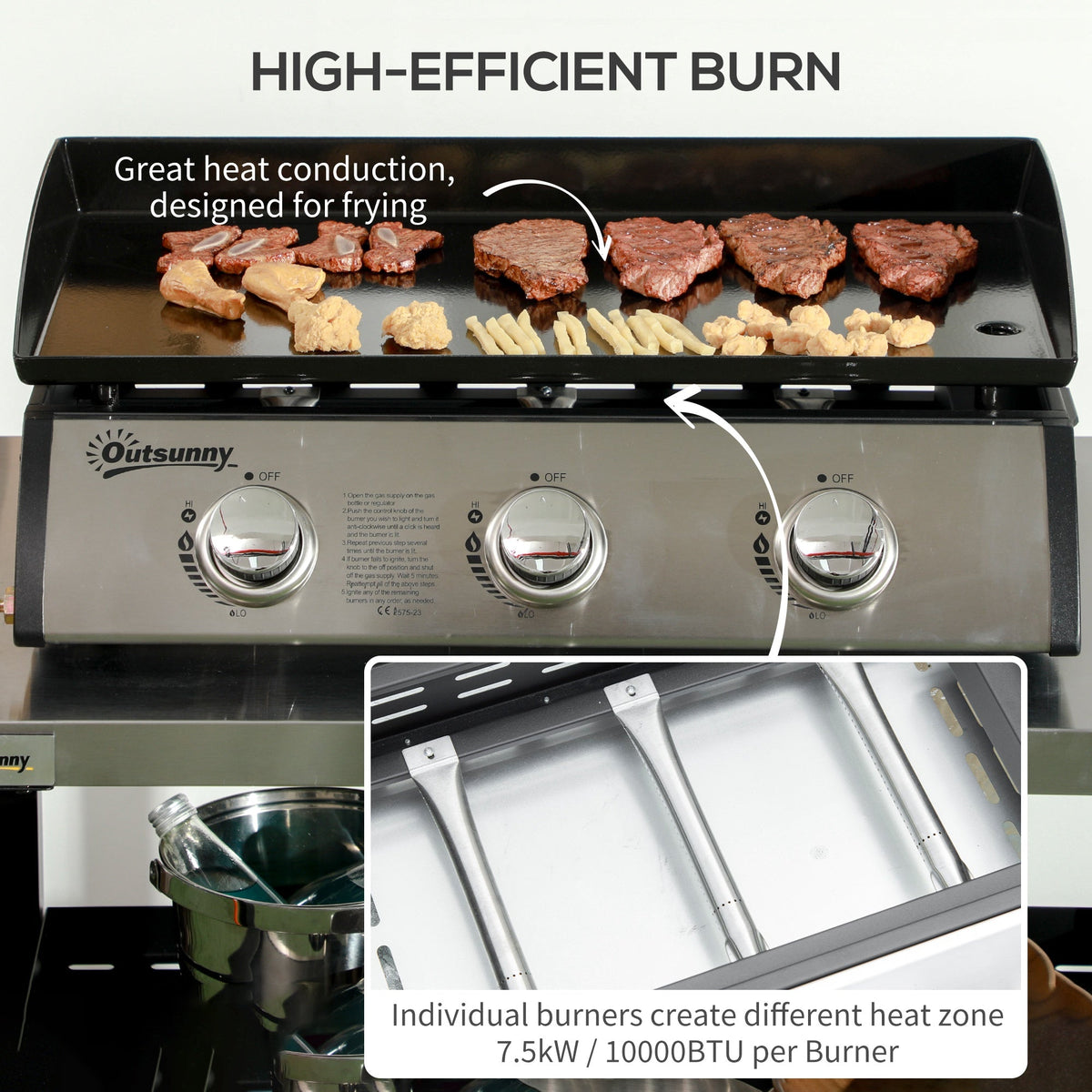 Outsunny Portable Gas Plancha BBQ Grill with 3 Burners, Non-Stick Griddle, Lid
