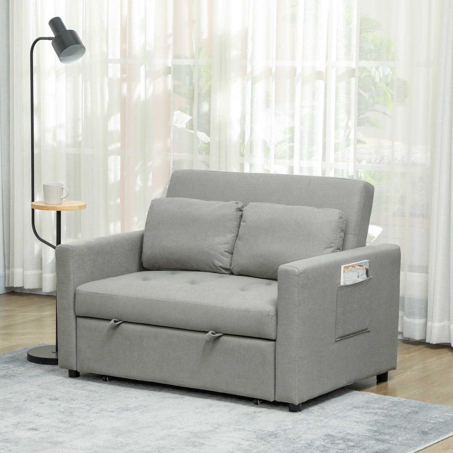 HOMCOM 2 Seater Sofa Bed Convertible Bed Settee with Cushions, Pockets, Grey