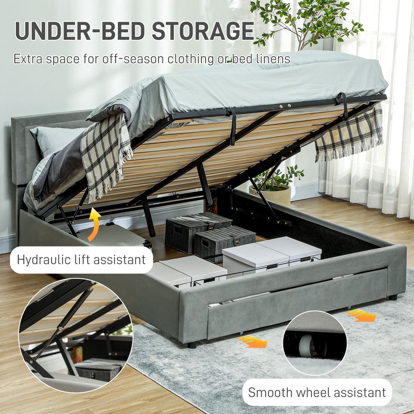 HOMCOM Double Bed Frame with Storage and Adjustable Velvet Headboard
