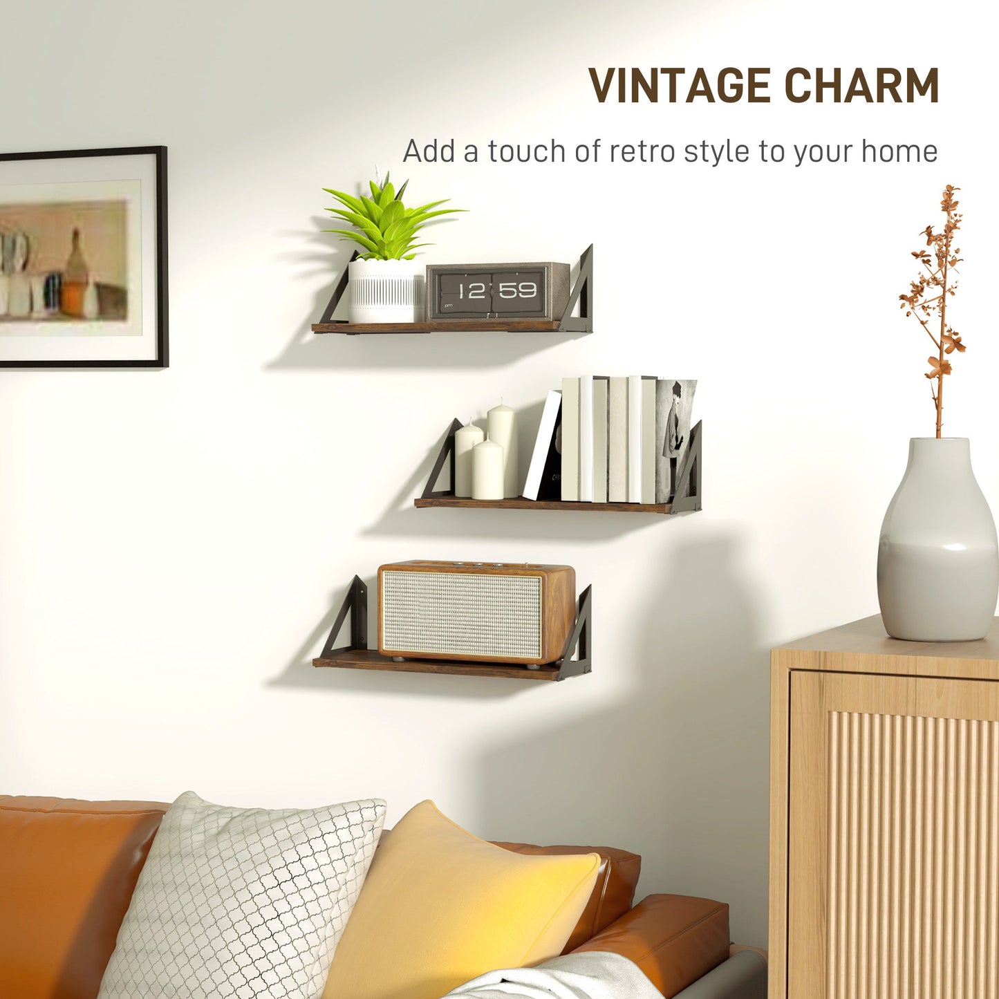 HOMCOM Set of 3 Vintage Wall Shelves for Living Room Rustic Brown