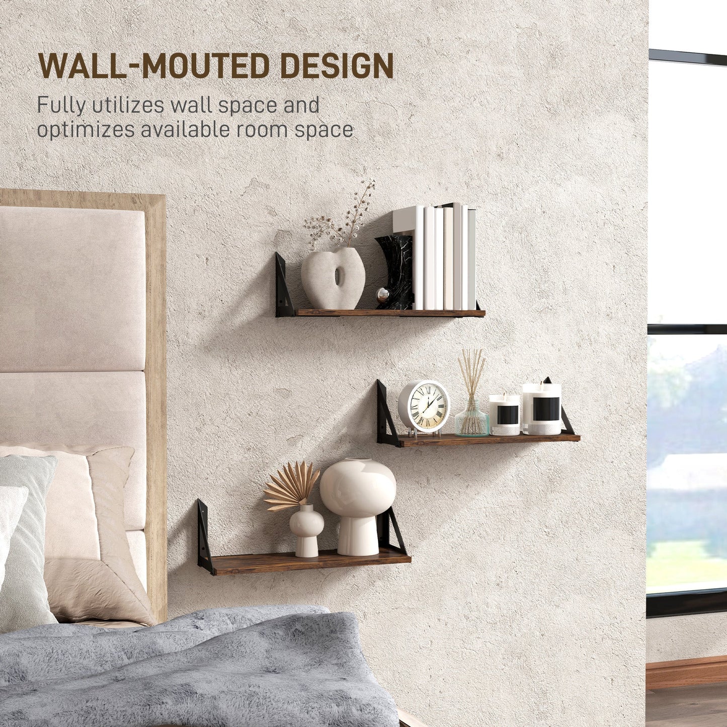 HOMCOM Set of 3 Vintage Wall Shelves for Living Room Rustic Brown