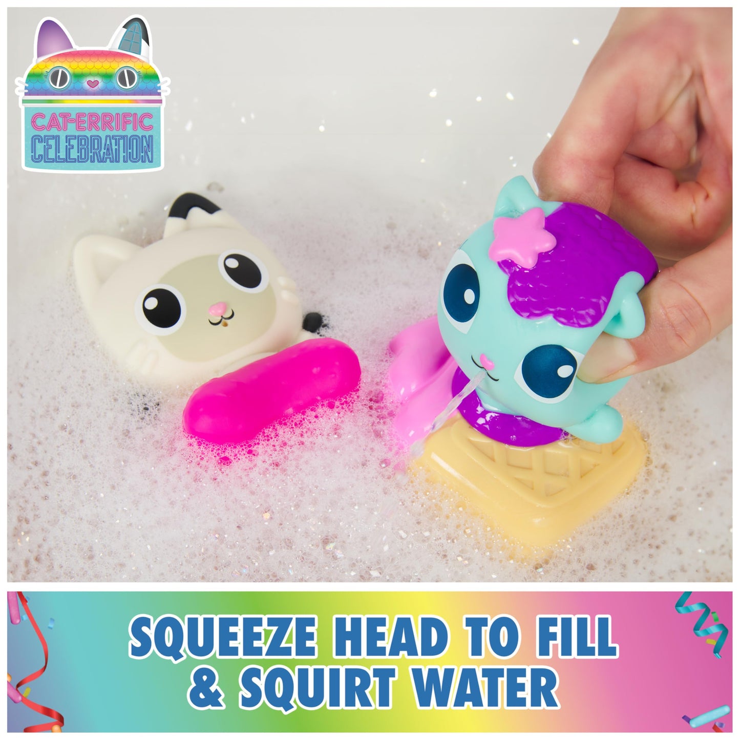 DREAMWORKS GABBY'S DOLLHOUSE Gabby Cat Bath Squirters: Mercat & Pandy Paws Floating Bath Toys (Ages 3+)