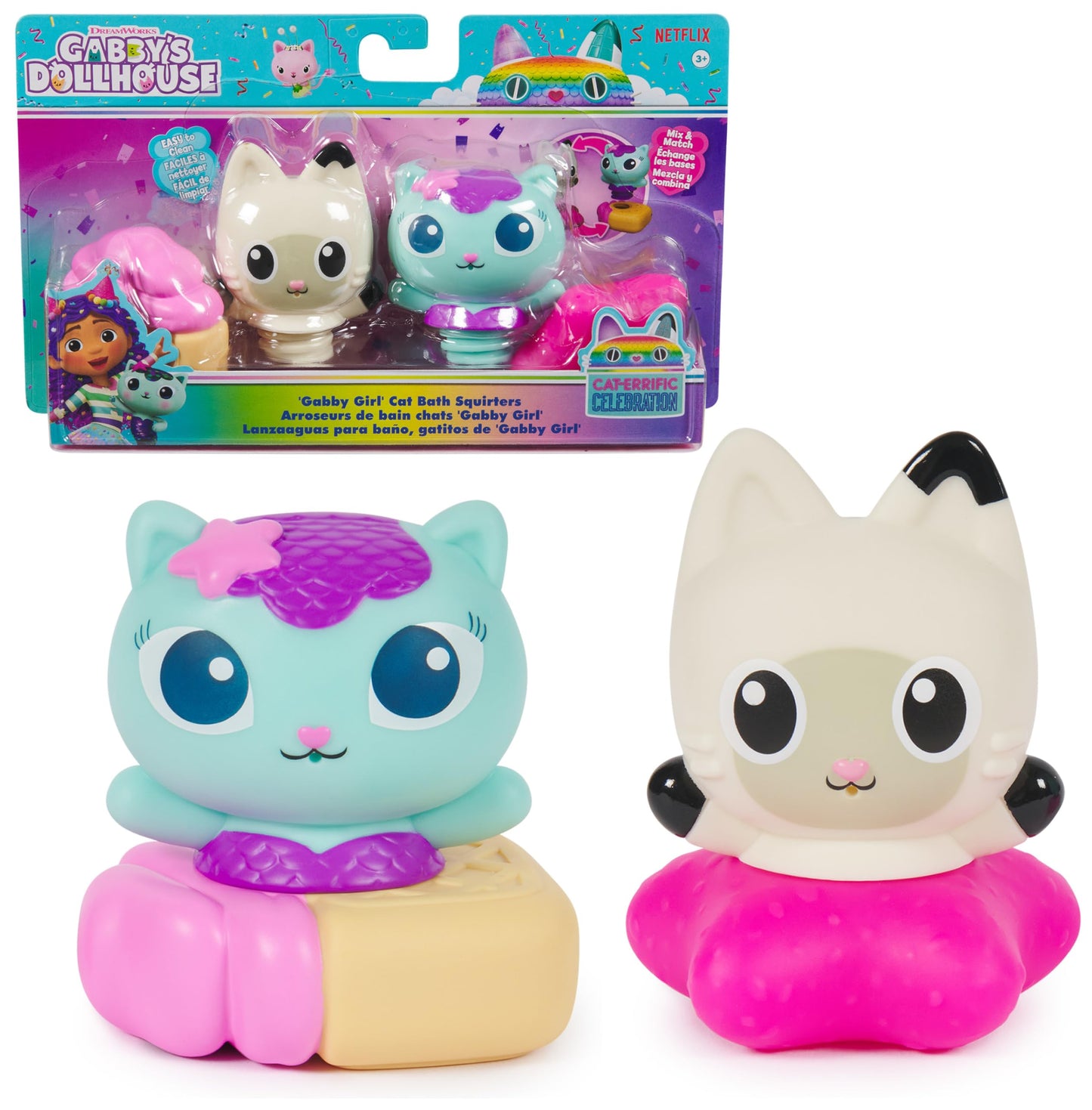 DREAMWORKS GABBY'S DOLLHOUSE Gabby Cat Bath Squirters: Mercat & Pandy Paws Floating Bath Toys (Ages 3+)