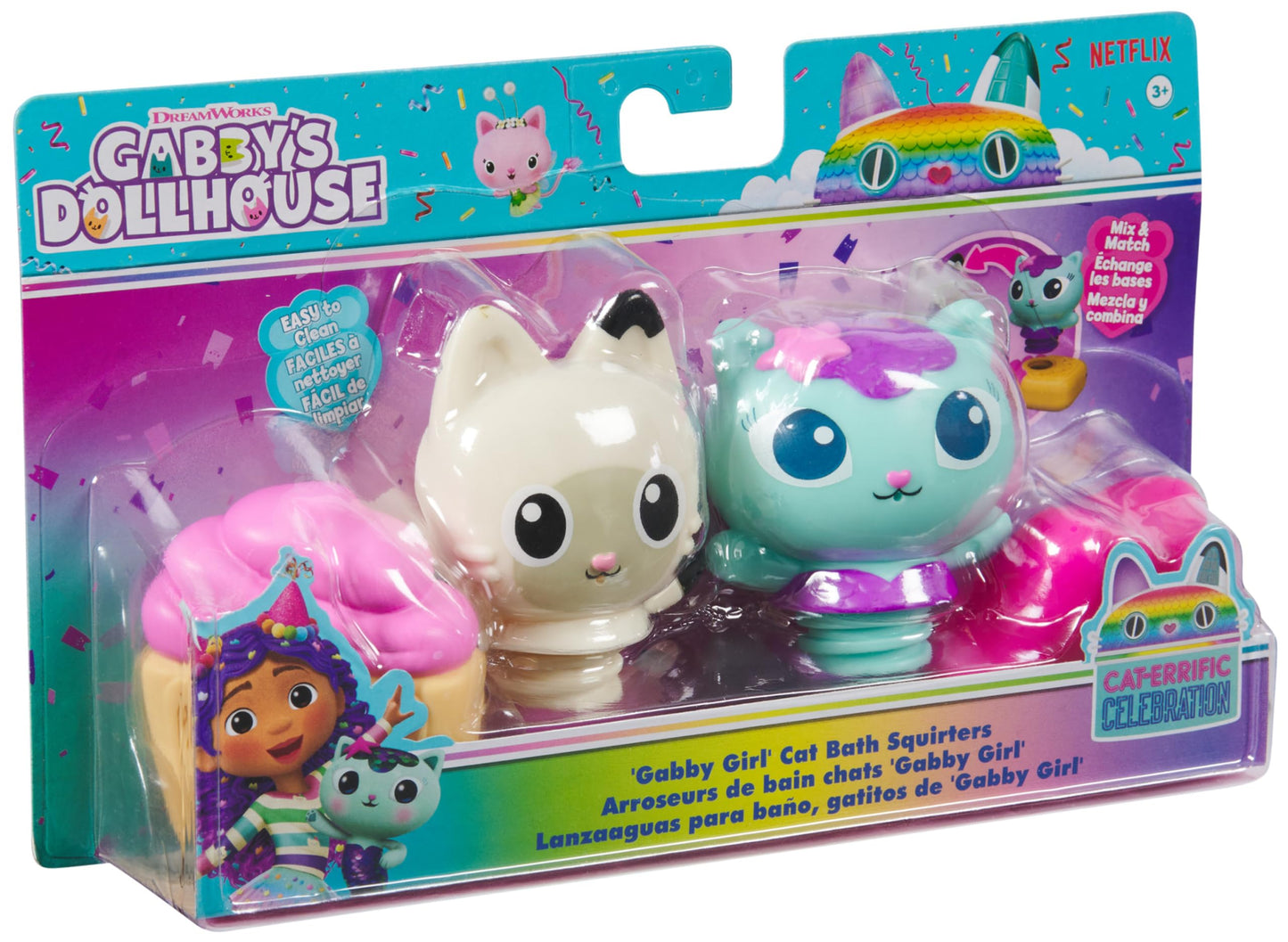 DREAMWORKS GABBY'S DOLLHOUSE Gabby Cat Bath Squirters: Mercat & Pandy Paws Floating Bath Toys (Ages 3+)