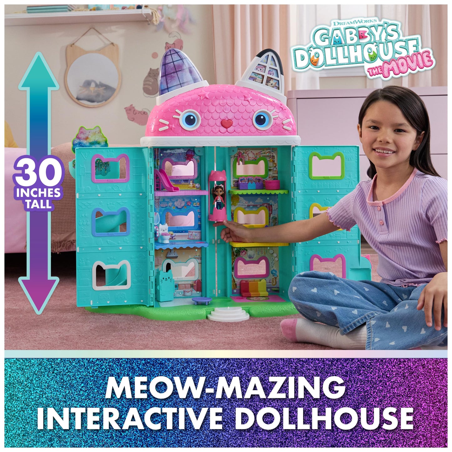 DreamWorks Gabby’s Dollhouse: Movie-Style Interactive Cat Dollhouse with 7 Rooms & LCD Eyes